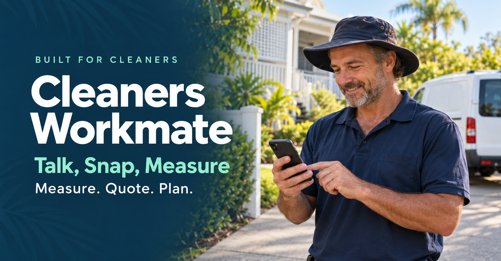 Cleaners Workmate — Talk, Snap, Measure. Measure. Quote. Plan. A cleaning contractor using a phone outside a Queensland home.